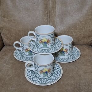 SET OF 4 VILLEROY & BOCH #2 FRUIT BASKET 3" COFFEE TEA MUG With SAUCERS